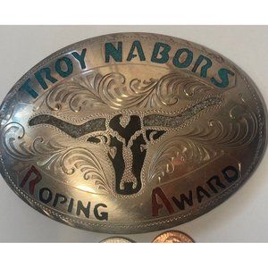 Vintage Metal Belt Buckle, Silver with Nice Blue and Red Crushed Turquoise Stone